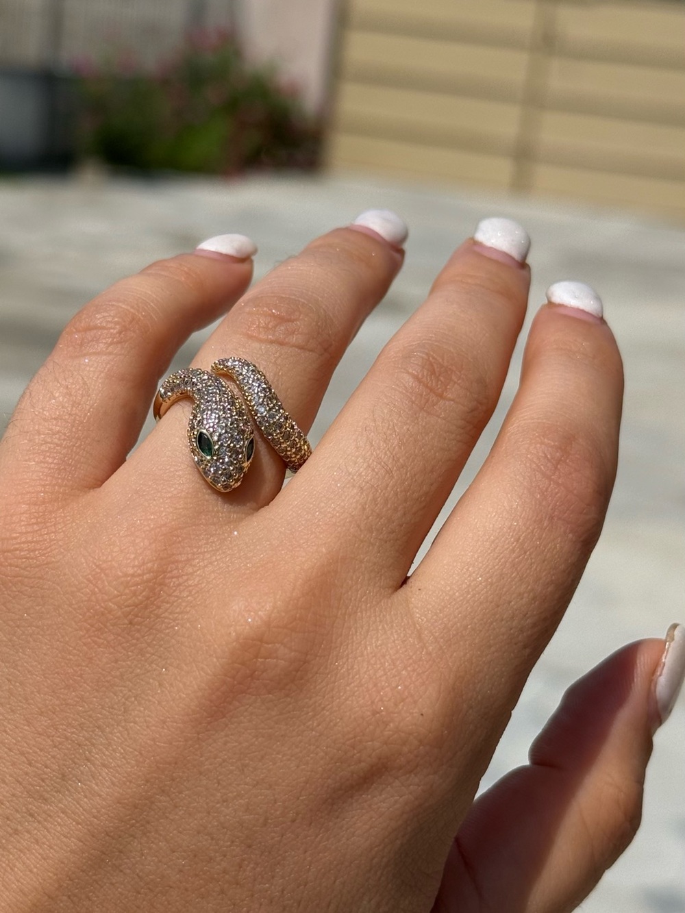 Gold Serpent Pave Ring with Green Eyes